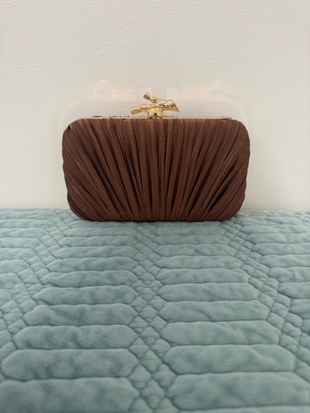 Elegant Brown Satin Pleated Clutch with Gold Accent
